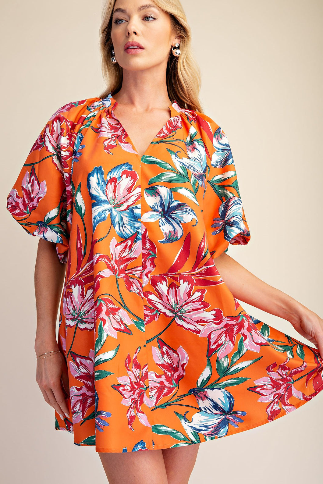 Julie Dress- Orange Floral Puff Sleeve