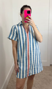 Women's Blue & White Stripe Short Sleeve Dress