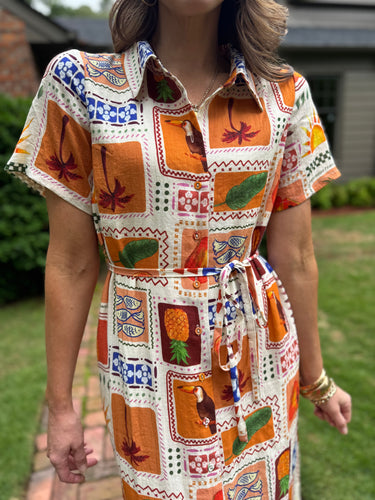 Women’s Deniz Grid Tropical Shirt Dress w/ Tie