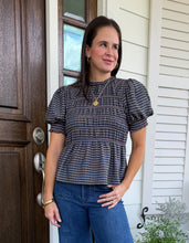 Lily Top- Navy & Brown Smocked Plaid Blouse