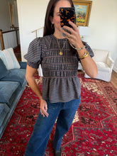 Lily Top- Navy & Brown Smocked Plaid Blouse