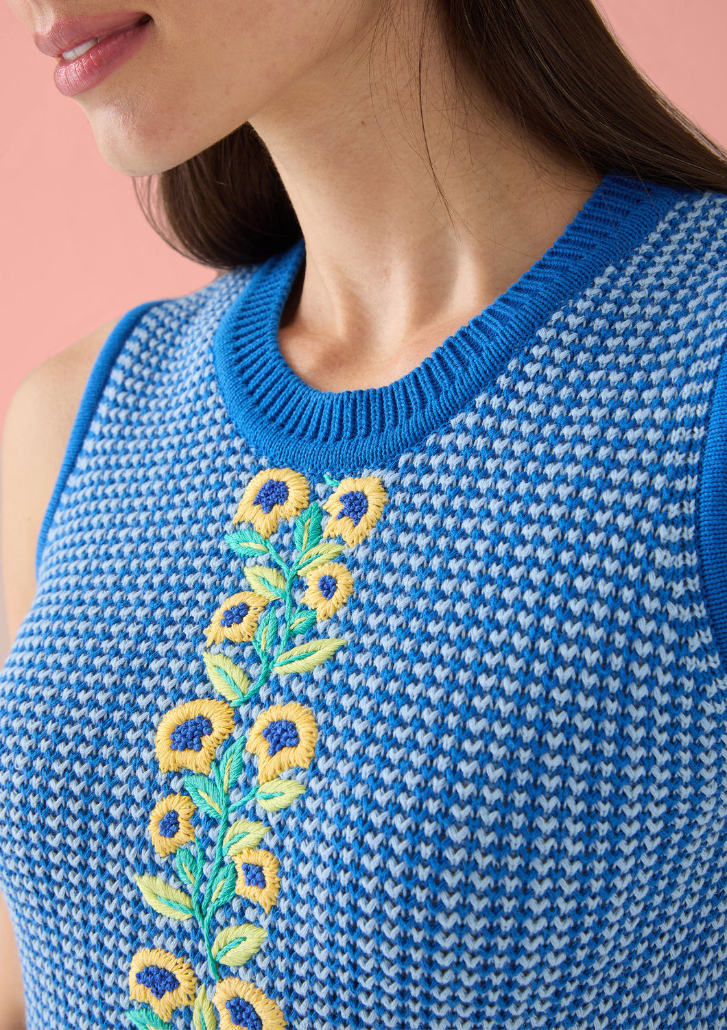 Arielle Top- Blue Knit Floral Embroidery