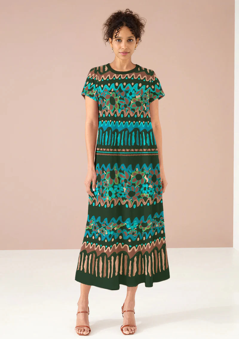 Charise T-Shirt Dress- Teal Flower Bomb