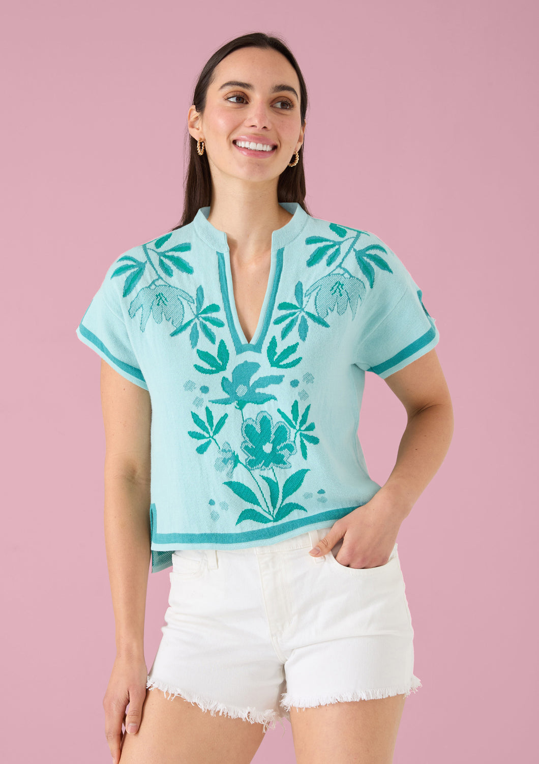Ella Top- Mint Palmetto Floral Jacquard