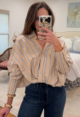 Taupe and Blue Stripe Cross Front Blouse
