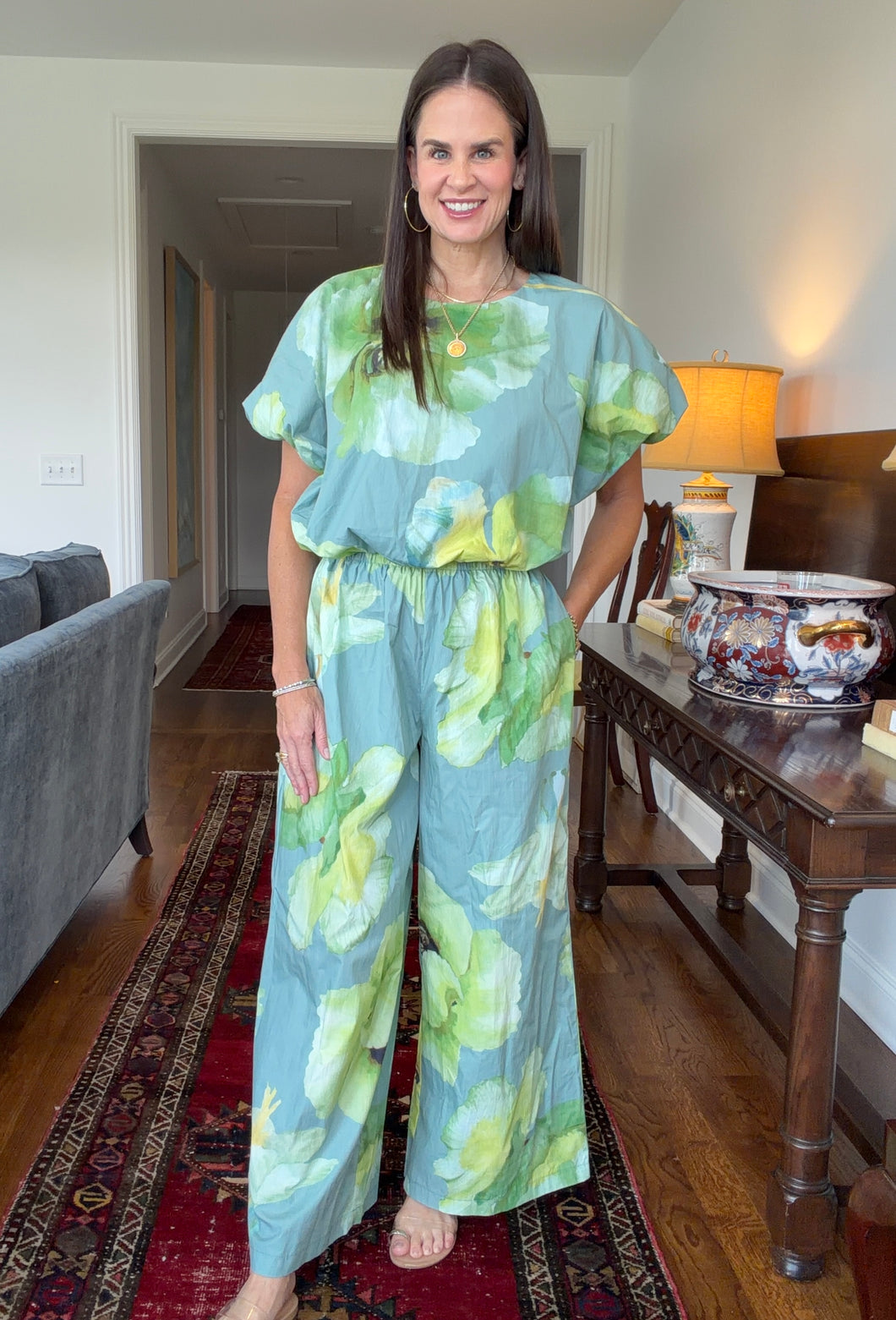 Sage Floral Set- High Waist Pants & Blouse