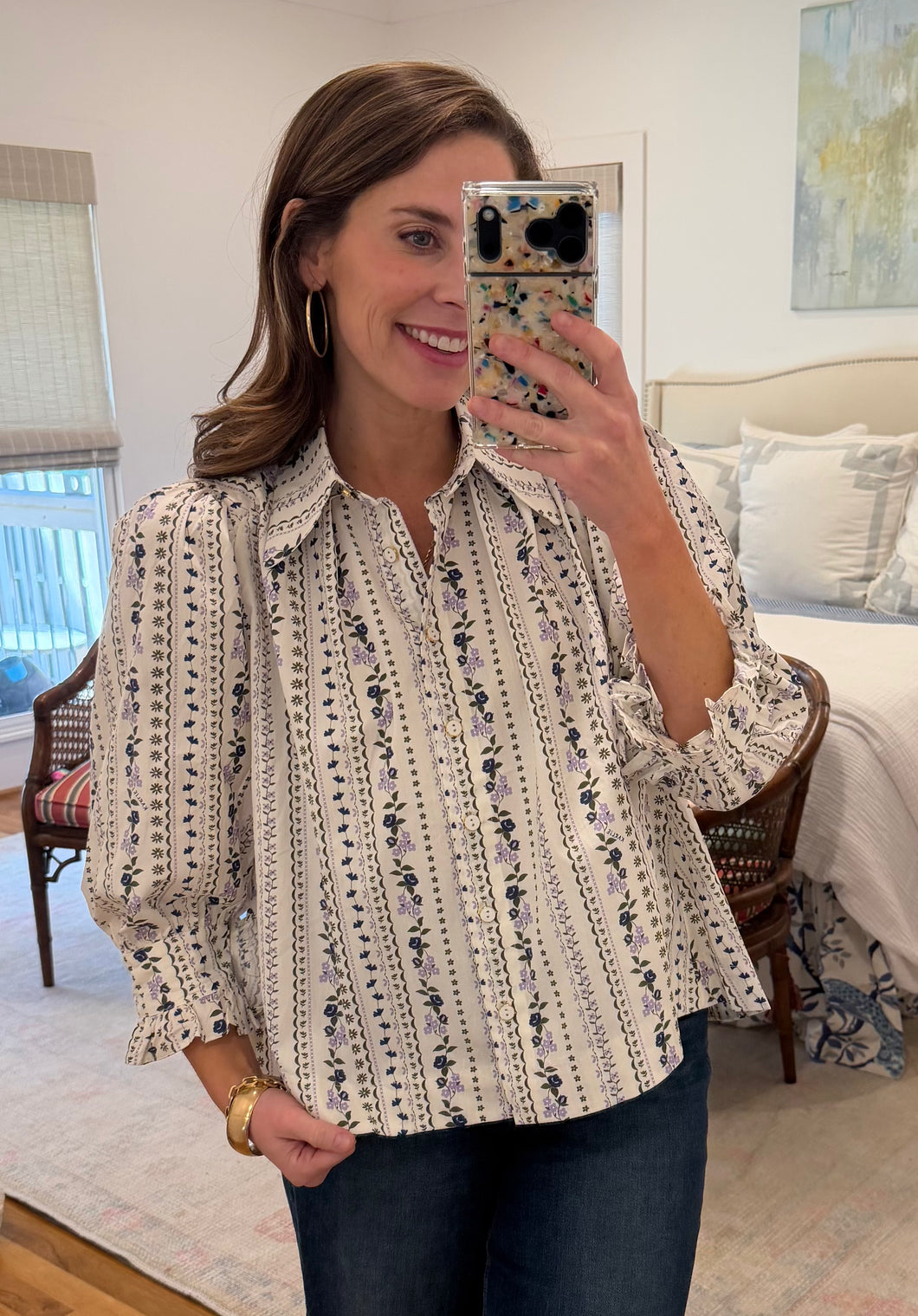 French Floral Puff Sleeve Top