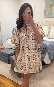 Ecru Floral Stamp Cinch Dress