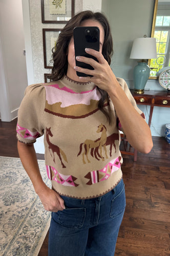 Tan Equestrian Short Sleeve Sweater