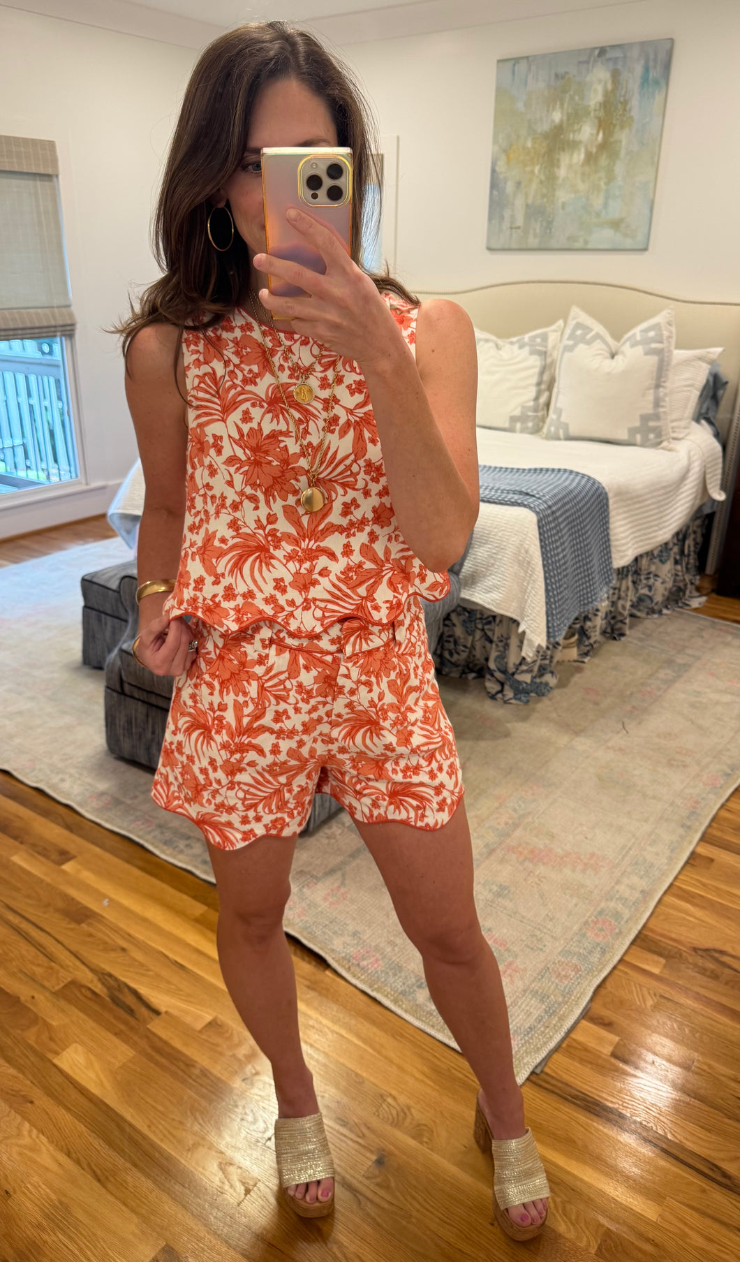 Orange Floral Scallop Short Set