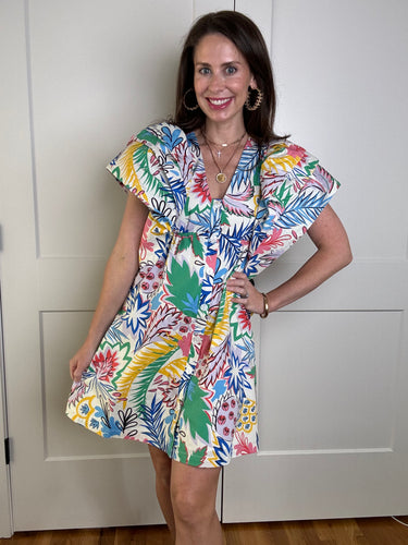 WOMEN'S Multi Palm Vneck Ruffle Dress