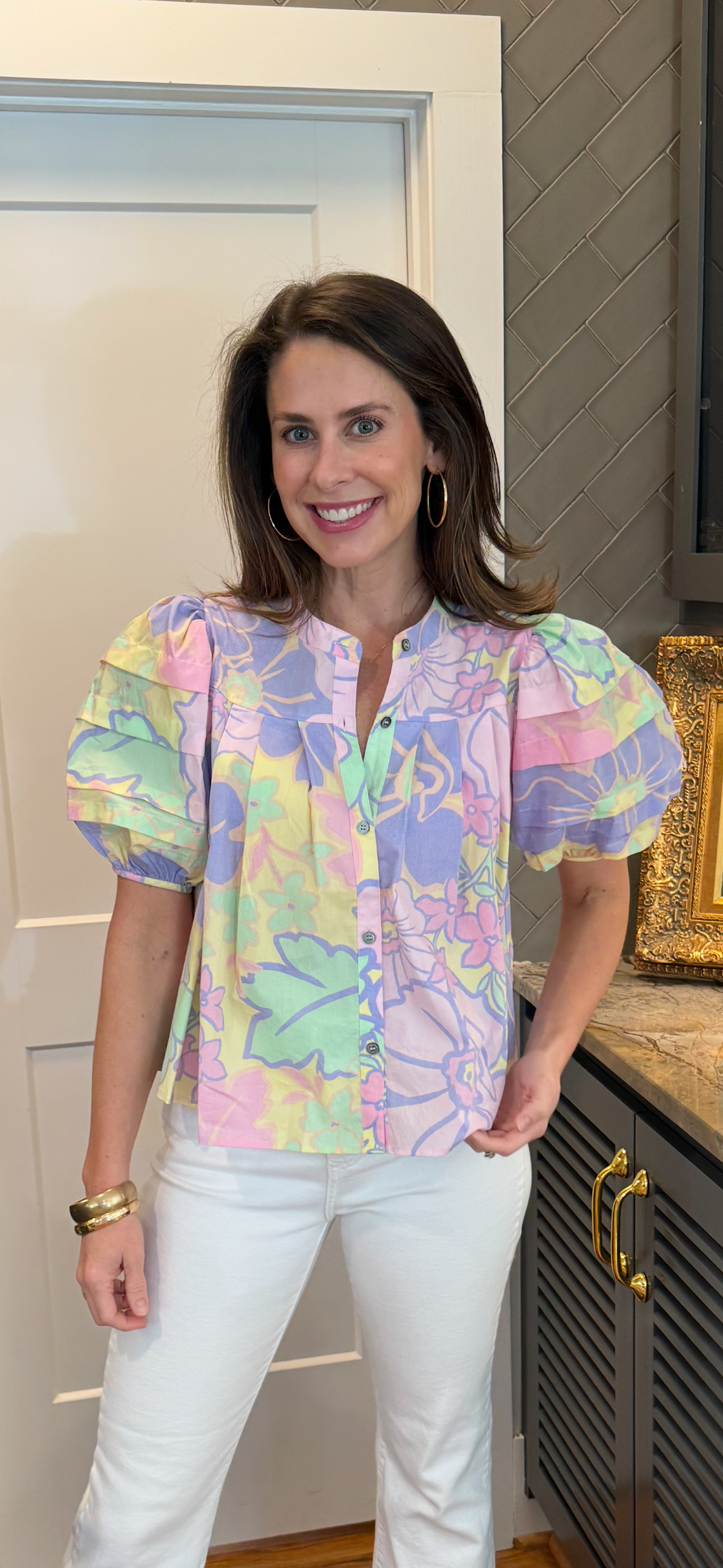 Women’s Pastel Floral Pleated Top
