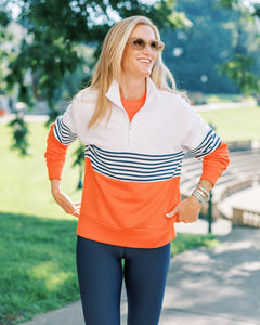 Varsity Quarter Zip- White, Navy, Papaya