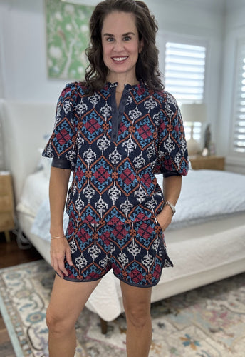 Women's Navy Embroidered Shorts
