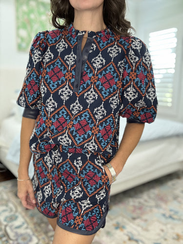 Women's Navy Embroidered Top