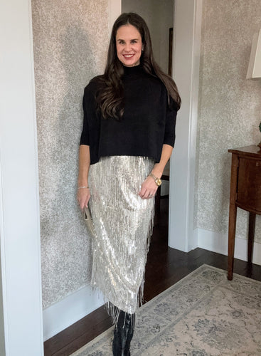 Sequin Fringe Long Skirt-Silver