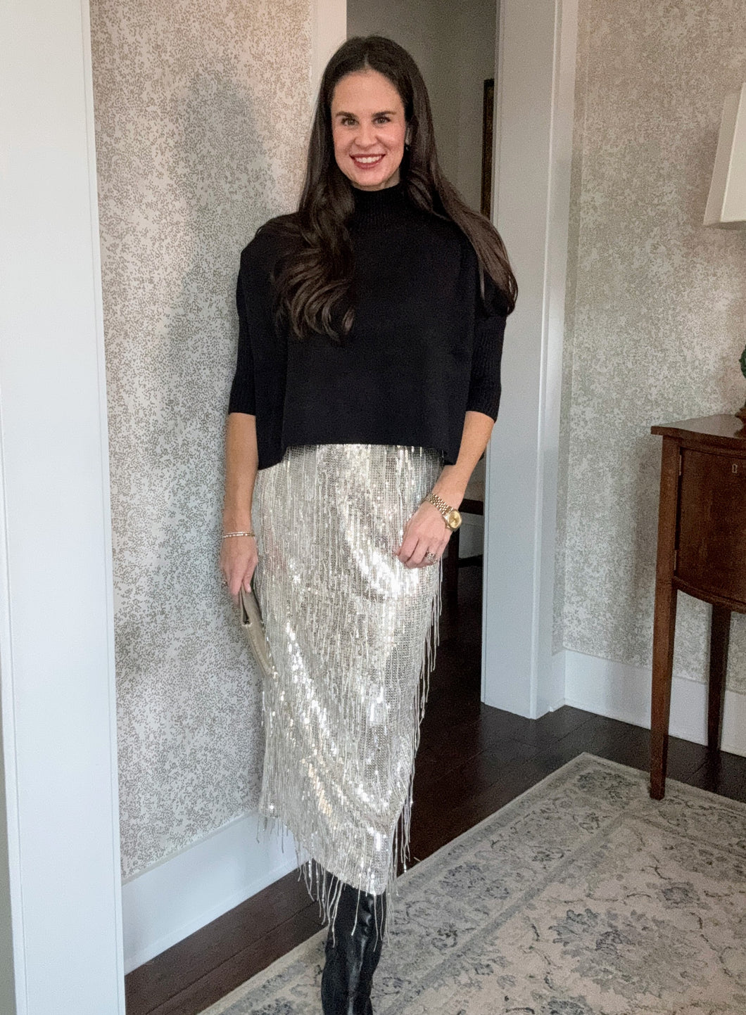 Sequin Fringe Long Skirt-Silver
