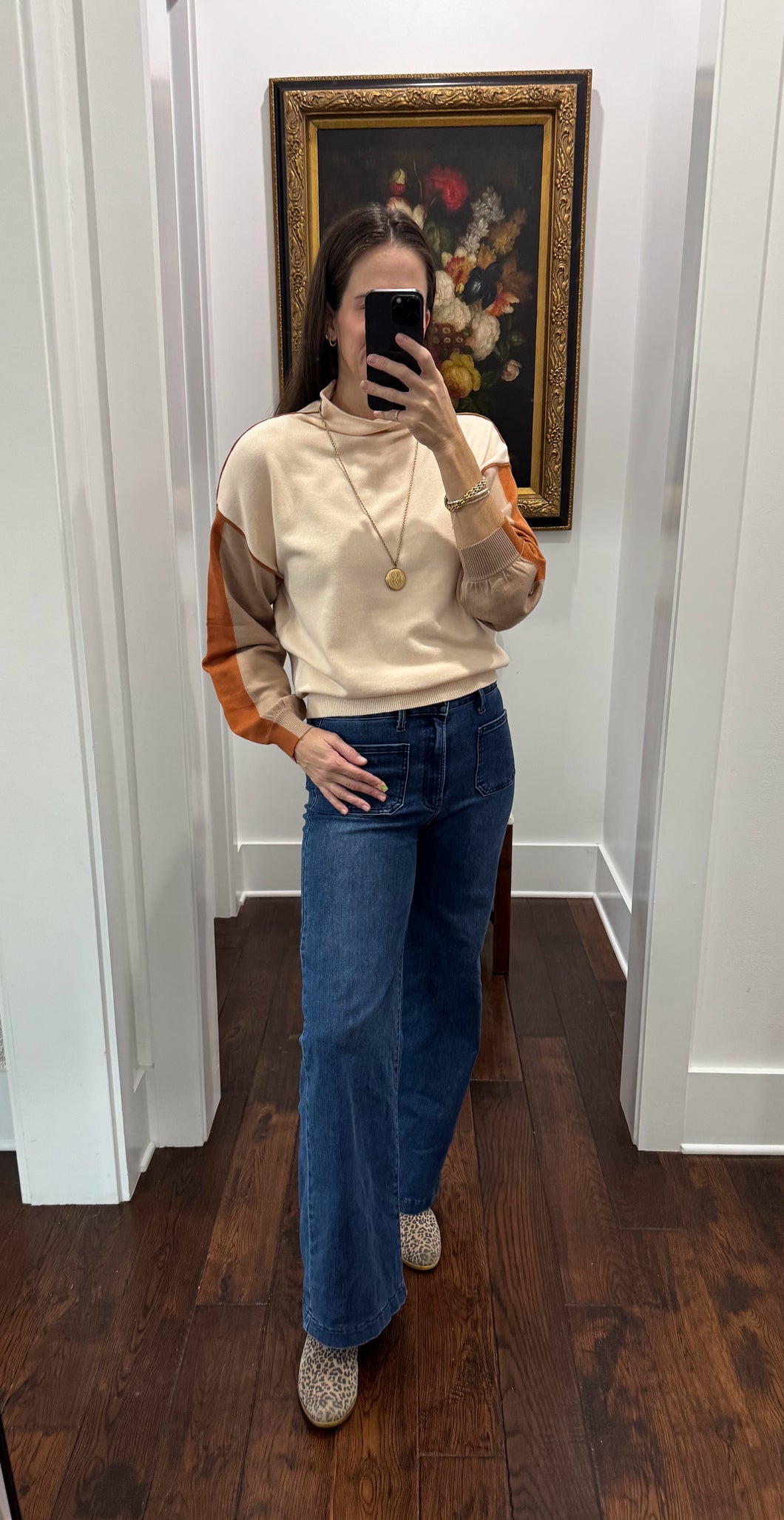 Cream & Brown Colorblock Mock Neck Sweater