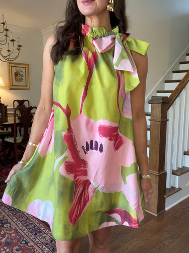 Sarah Mini Dress- Lime & Pink Floral Print