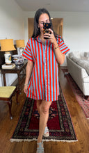Sullivan Dress- Blue & Coral Striped Button Up