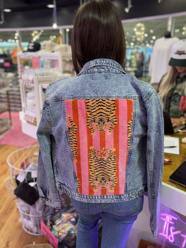 Denim Jacket- Pink & Red Striped Tiger