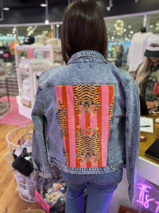 Denim Jacket- Pink & Red Striped Tiger