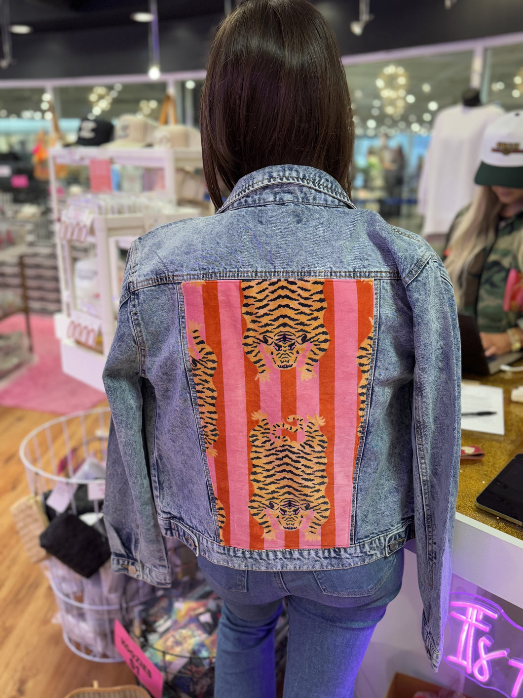 Denim Jacket- Pink & Red Striped Tiger