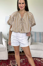 Jenny Bubble Crop Blouse- Taupe, Red, & Blue Stripe