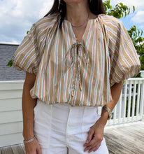 Jenny Bubble Crop Blouse- Taupe, Red, & Blue Stripe
