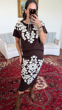 Nikki Dress- Long Knit Brown With Ivory Embroidery