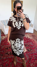 Nikki Dress- Long Knit Brown With Ivory Embroidery
