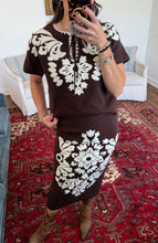 Nikki Dress- Long Knit Brown With Ivory Embroidery
