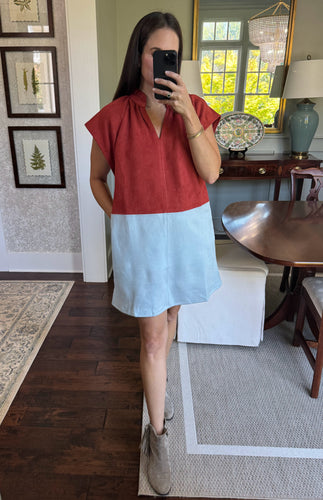 Short Sleeve Colorblock Dress- Blue & Rust