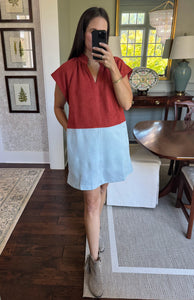 Short Sleeve Colorblock Dress- Blue & Rust