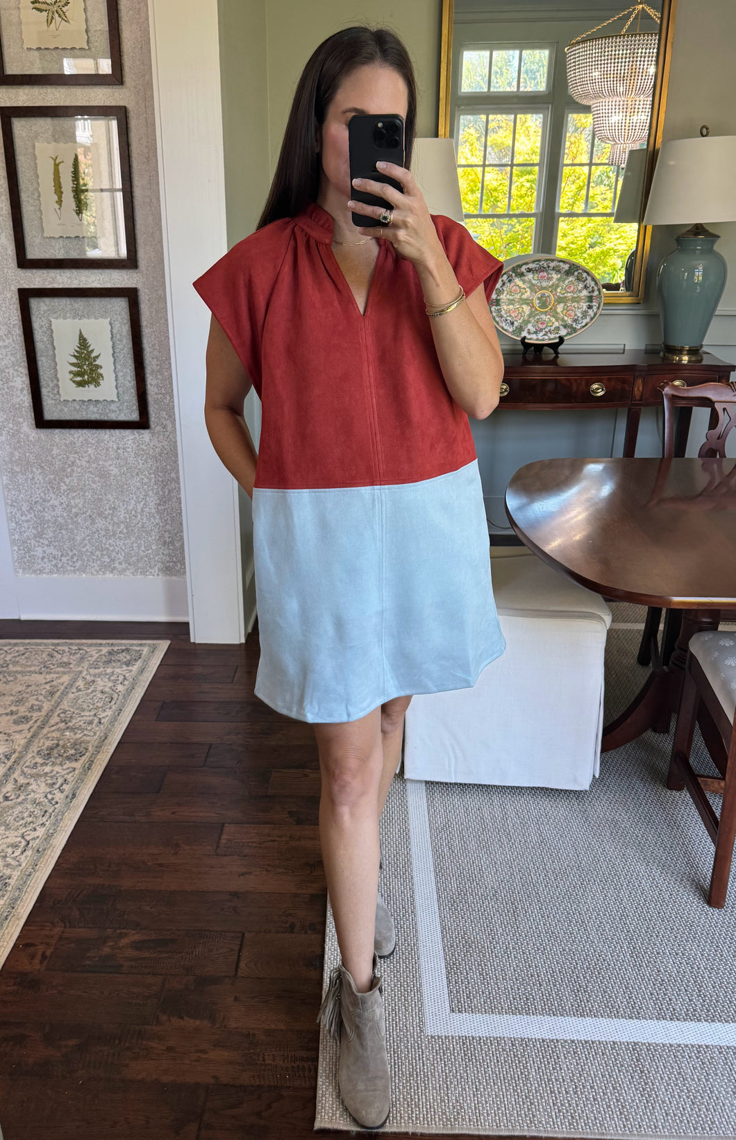 Short Sleeve Colorblock Dress- Blue & Rust