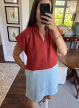 Short Sleeve Colorblock Dress- Blue & Rust