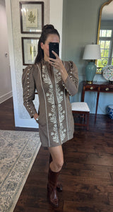 Khaki Tonga Dress- Cream Embroidery
