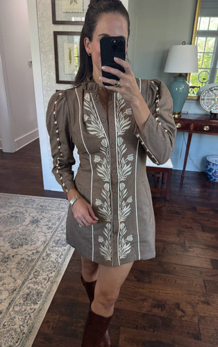 Khaki Tonga Dress- Cream Embroidery