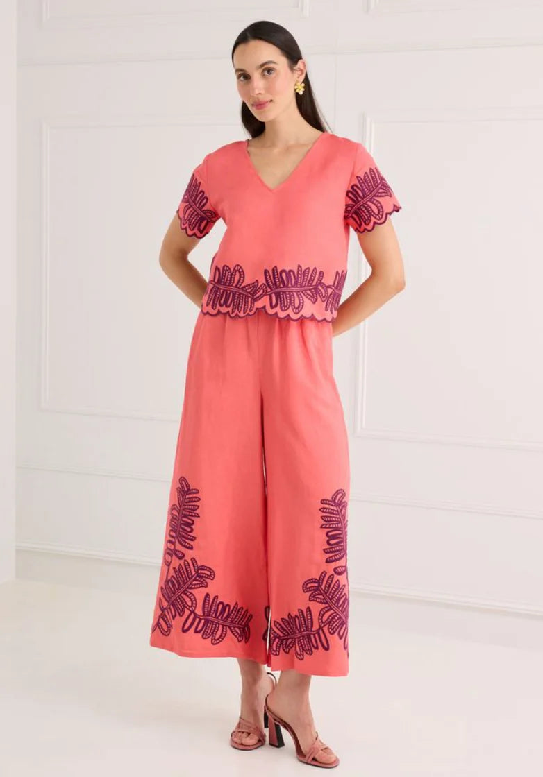 The Gemma Pant- Coral Royal Palm Embroidery