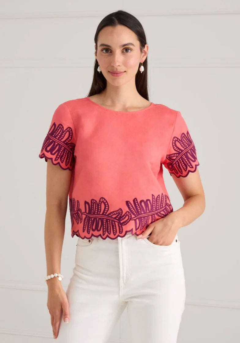 Lani Top- Coral Royal Palm Embroidery