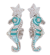Beaded Turquoise & Pearl Seahorse Earrings