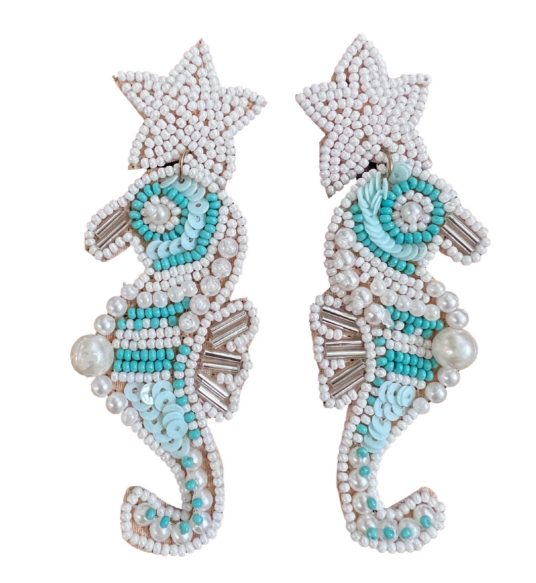 Beaded Turquoise & Pearl Seahorse Earrings
