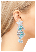 Beaded Turquoise & Pearl Seahorse Earrings