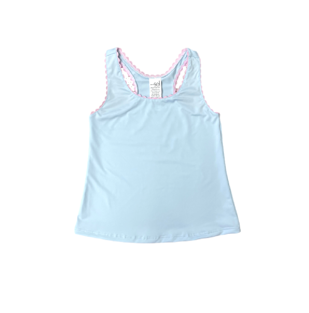 Riley Razor Tank- Blue w/ Pink Ric Rac